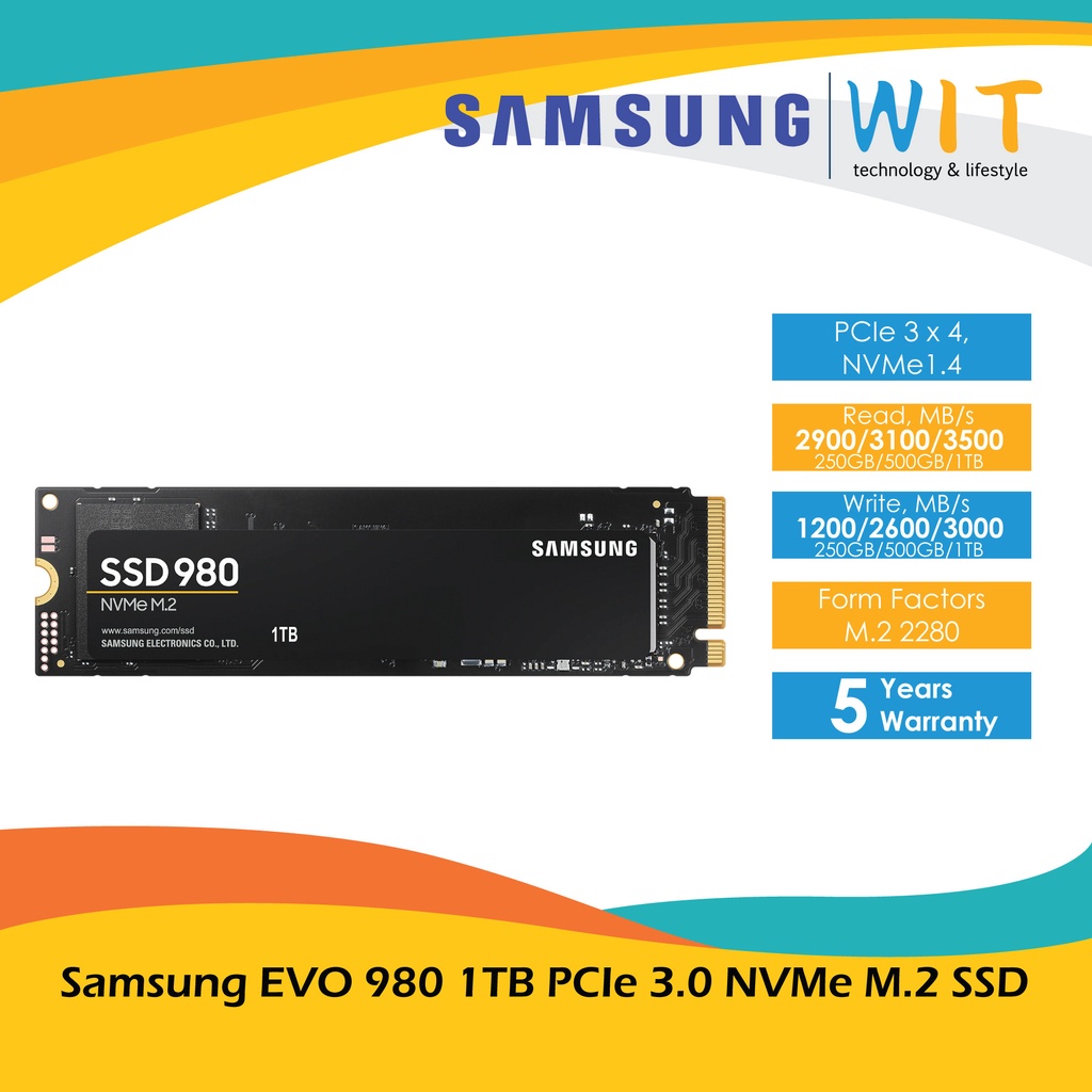 Samsung EVO 980 PCIe 3.0 NVMe M.2 SSD - 250GB/500GB/1TB