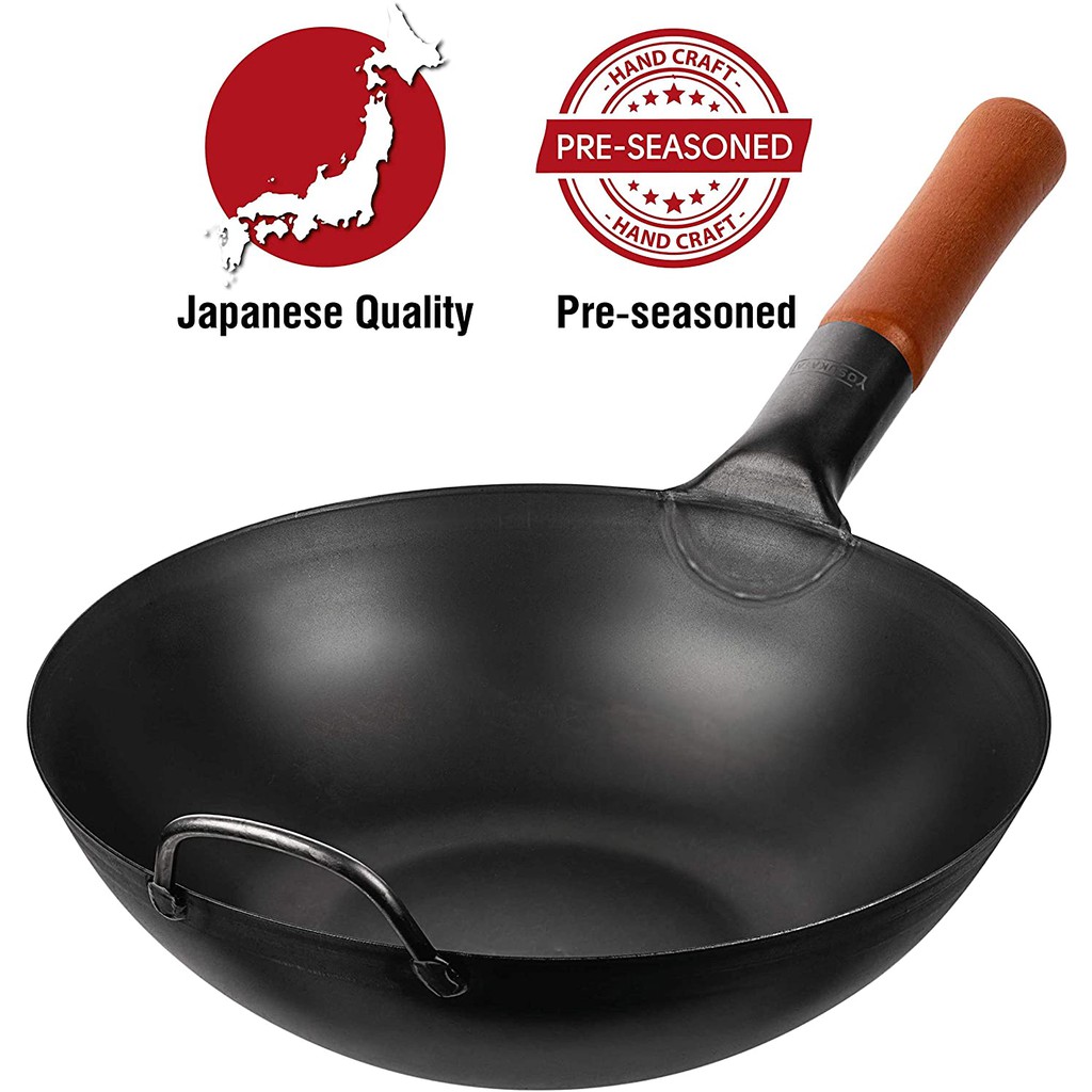 Yosukata PreSeasoned Carbon Steel Wok Pan 11.8" Woks and Stir Fry