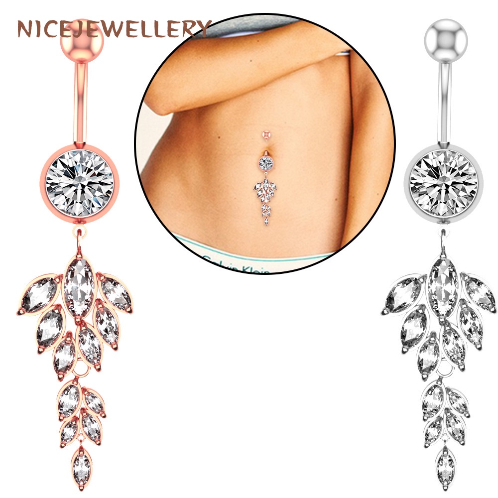 Dangle Navel Piercings Leaf Pattern Belly Rings Silver Color Navel Rings Stainless Steel Crystal 7061