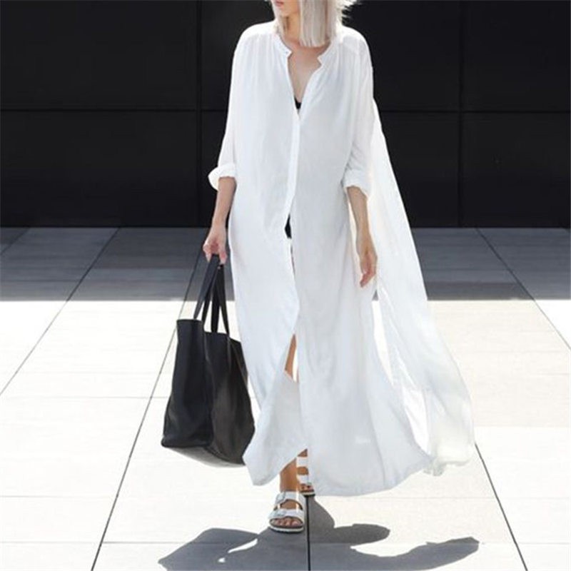 White Oversize Bikini Cover Ups Summer Beach Long Blouse Kaftan With Buttons Pareo Beach Tunic Beach Dress Female