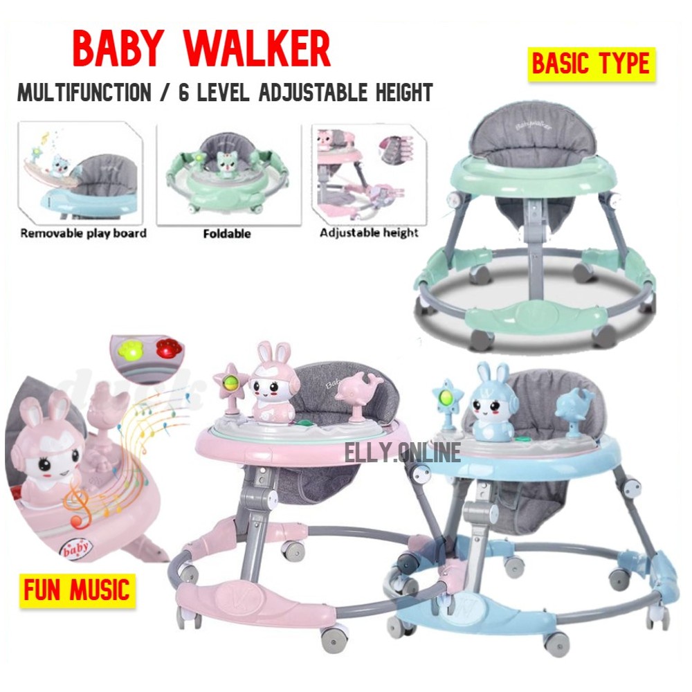 Readystock Baby Walker with Music AntiOLeg Foldable Portable Folding Adjustable Height Push