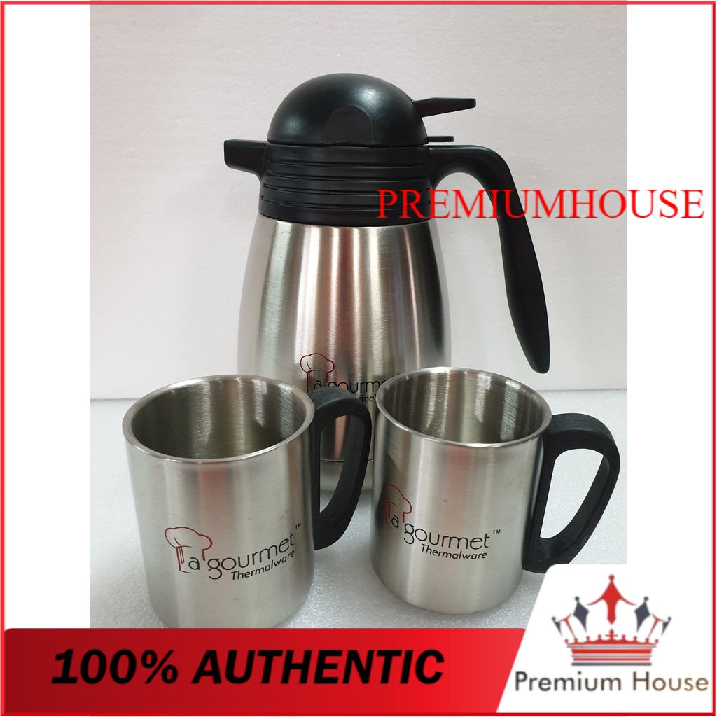 La Gourmet 1.0L Coffee Pot & 8oz Stainless Steel Cups (Thermalware Gift Set)