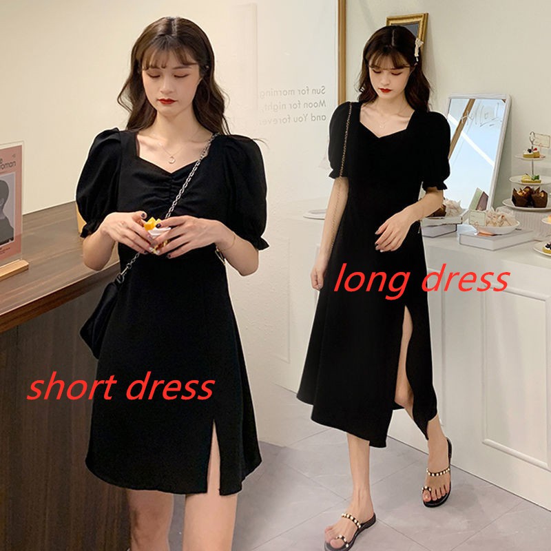 [ready stock] big fat little sister slim dress with square collar and waistband split French Black Hepburn A-line skirt