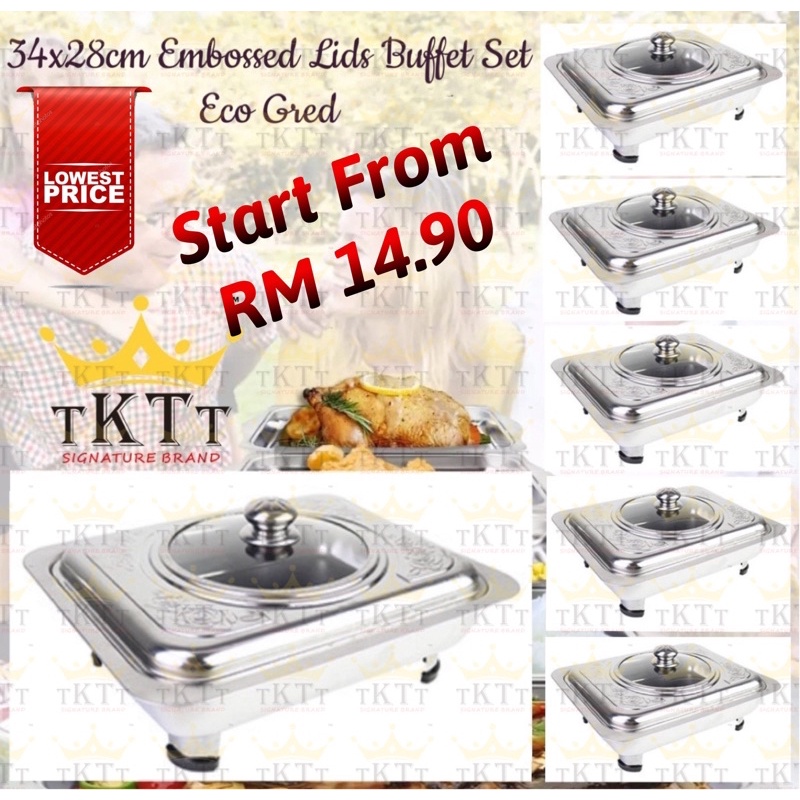 TKTT 34x28 Embossed Lids Stainless Steel Buffet Set Catering Serving Tray Food Pan Warmer Bekas Lauk Katering Serbaguna