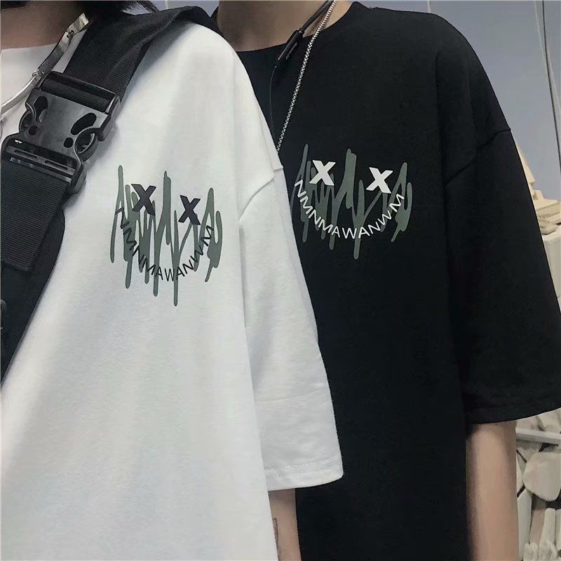 New Attitude Hip Hop Rap Devil Grimace Graffiti Printing White Top Street Classic Loose Couple Short-sleeved T-shirt Men & Women Oversized Shirt