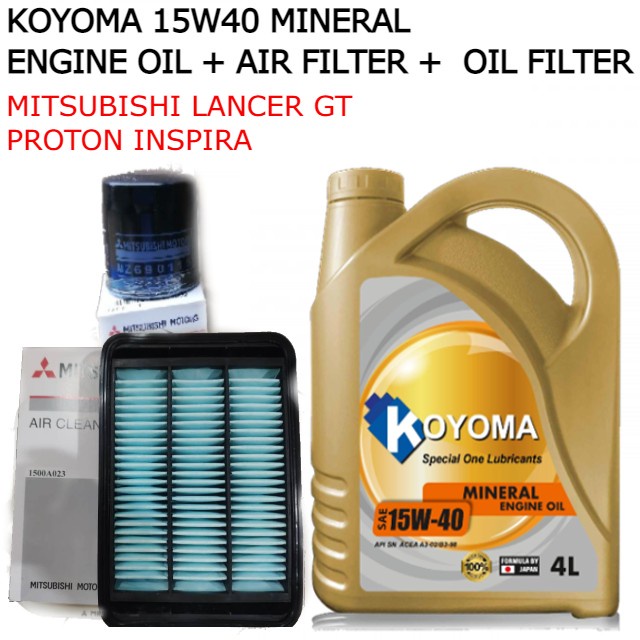 MITSUBISHI LANCER GT, PROTON INSPIRA OIL FILTER + AIR FILTER + KOYOMA 15W40 MINERAL ENGINE OIL
