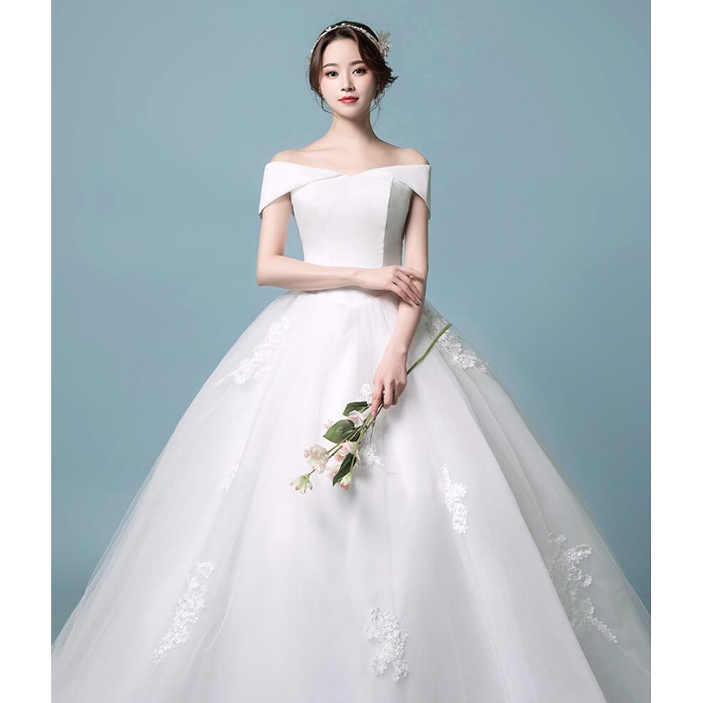 Long Tail Tops Satin Bottom Mesh Lace Embroidery Wedding Gown