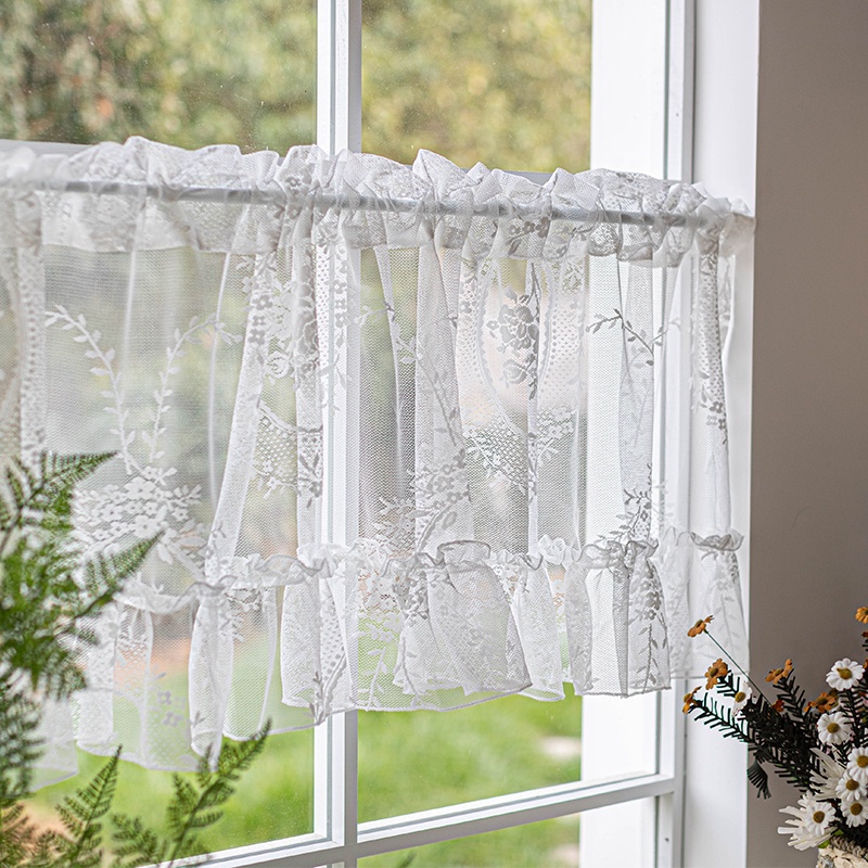 White Lace Floral Sheer Short Curtain Kitchen Bay Window Jacquard ...