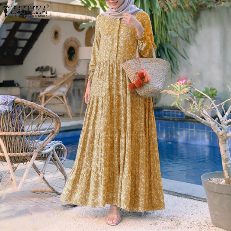 ZANZEA Women Casual Long Sleeve Printed Tiered Muslim Long Dress #5