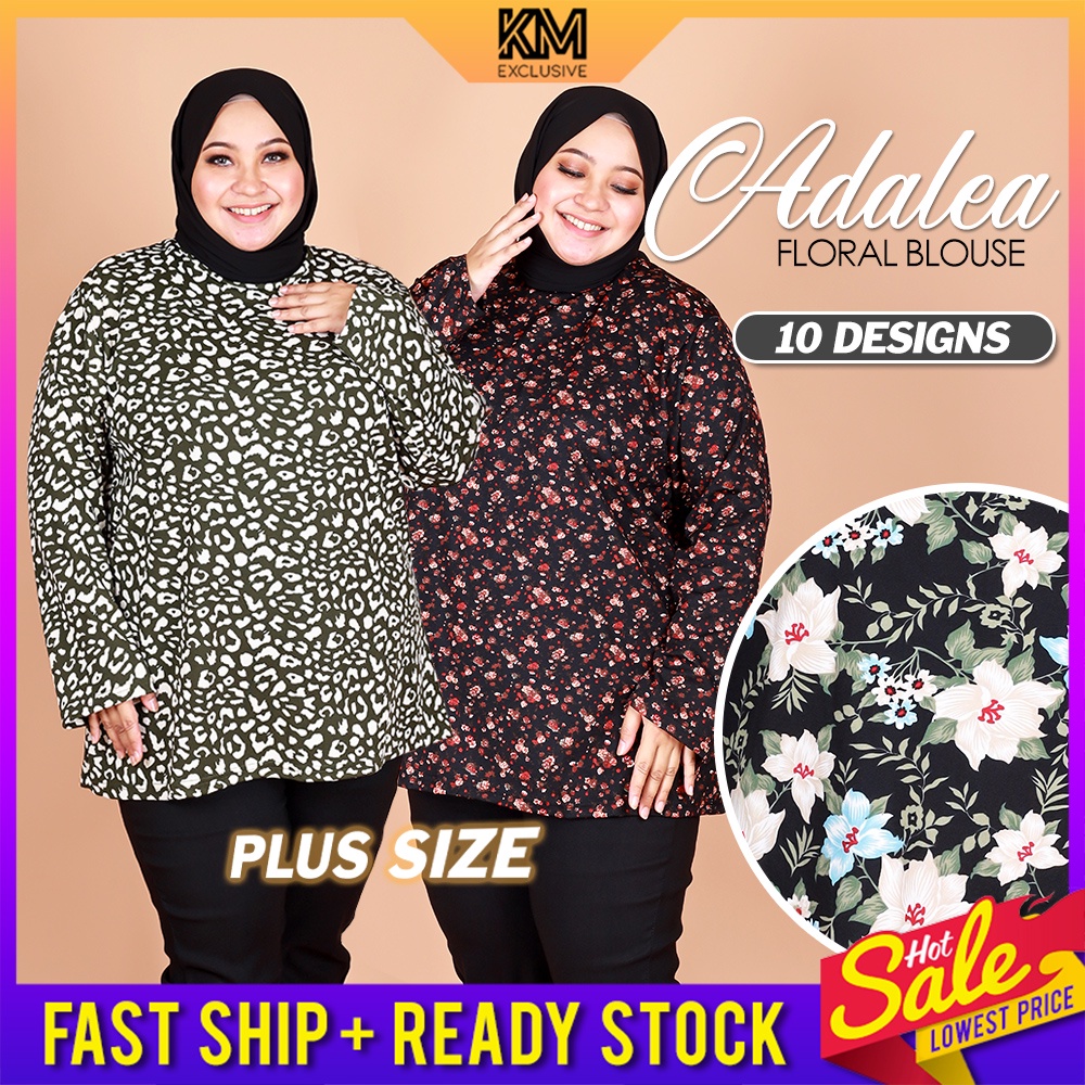Muslimah Plus Size Floral Long Sleeves Blouse Baju Muslimah Wanita