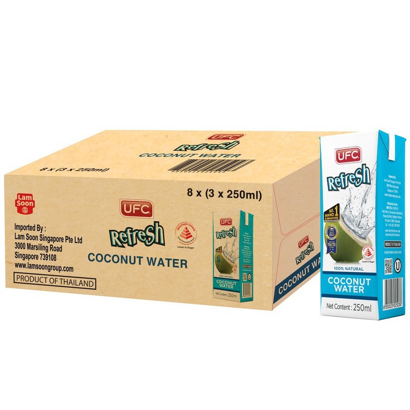 UFC Velvet Fresh Coconut Water Drink100 % Natural, 8 x (3 x 250ml) (Product of Thailand)