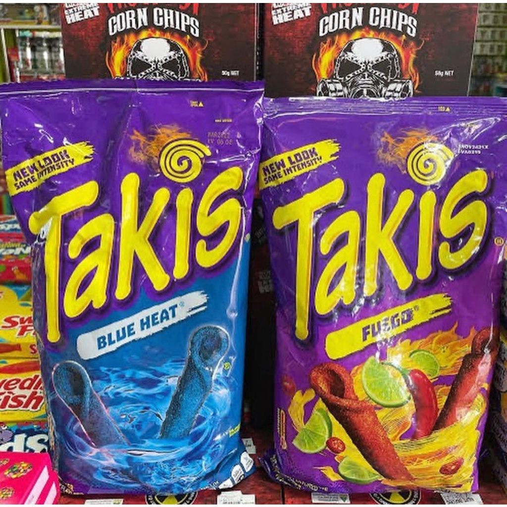 Takis FUEGO & BLUE HEAT Hot Chili Pepper Lime Tortilla Chips Dessert ...