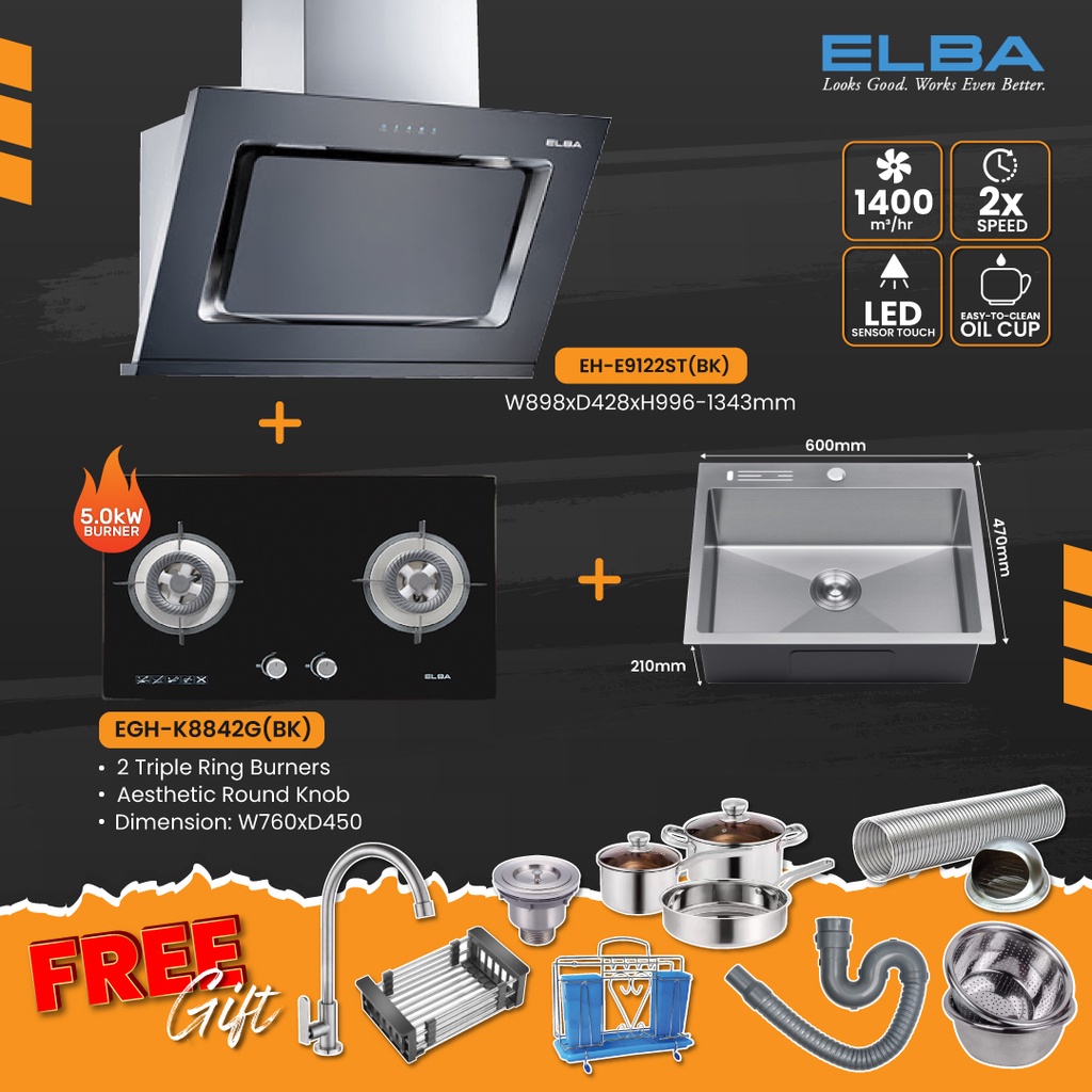 ELBA KITCHEN DESIGNER HOOD EH-E9122ST(BK) BUILT IN GAS STOVE GAS HOB ...