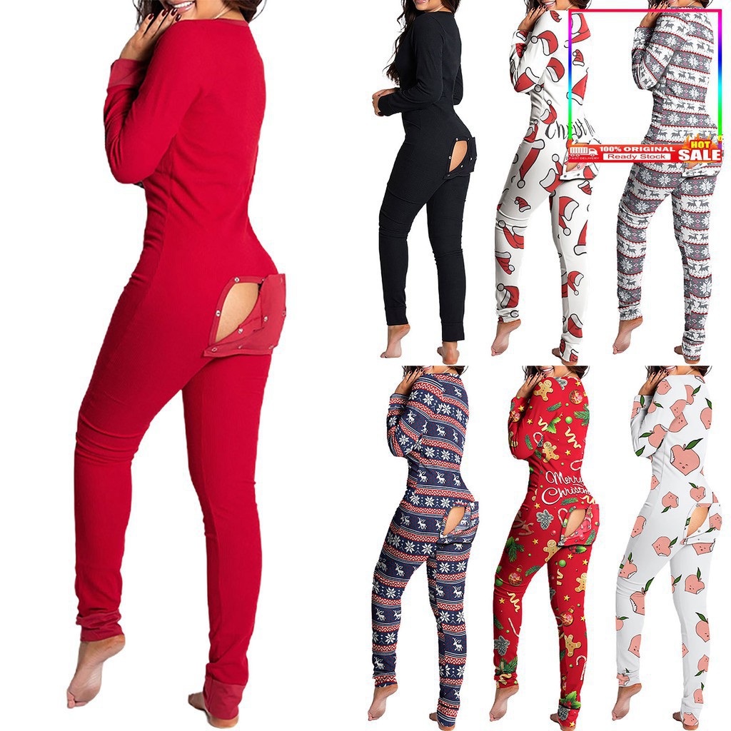 kemeja perempuan inner baju baju t shirt perempuan 穆斯林服饰 ERIN_Sexy Women Jumpsuit Long Sleeve Pajama Bum Open Homewear B