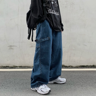 Men Clothing Shop Navy Blue Wide Leg Baggy Jeans | Shopee Malaysia