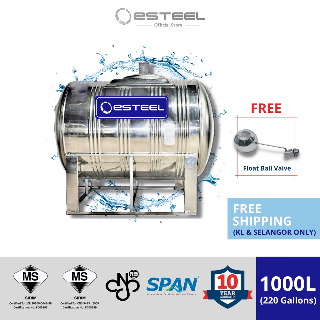 eSteel 1000L Stainless Steel Water Storage Tank Horizontal (With