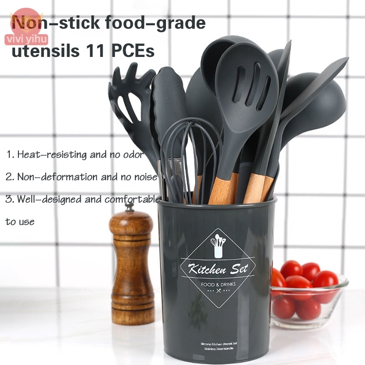 11 piece silicone spatula set Cooking shovel tool kitchenware Kitchen supplies wooden handle non-stick pan spatula