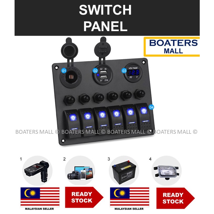 12V-12V 6GANG MULTI-FUNCTION WITH OUTLET PRE-WIRED SWITCH PANEL WITH ...