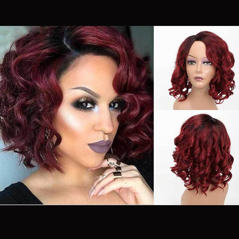 Wine Red Color Wigs Women Short Curly Hair Synthetic Hair Wigs