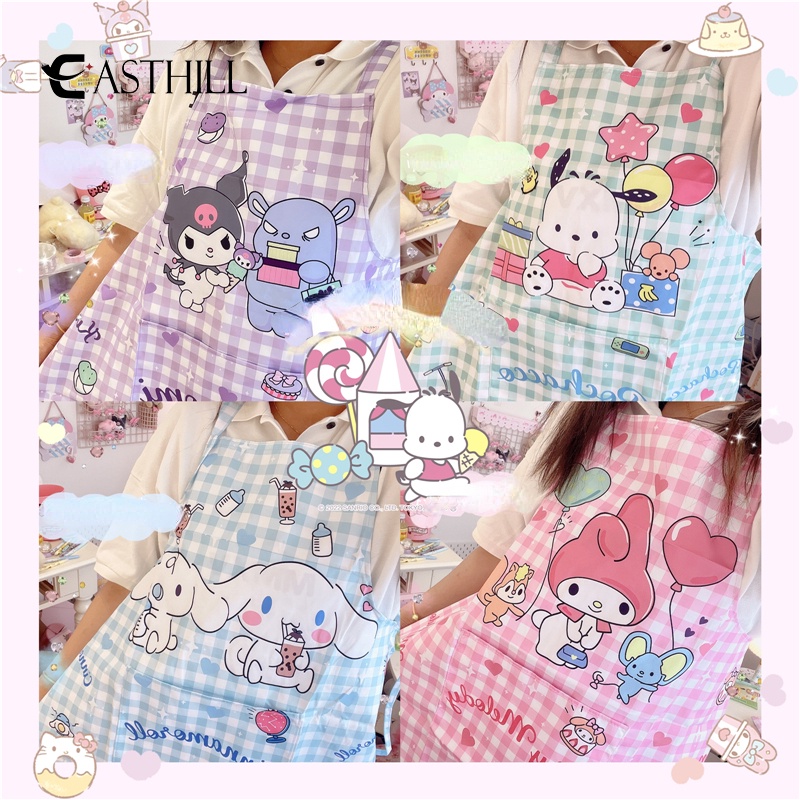 EASTHILL Kawaii Sanrio Double Straps Lattice Kuromi Pochacco Cinnamoroll Home Kitchen Housework Anti-Dirty Apron Anime Toy Girl Gift