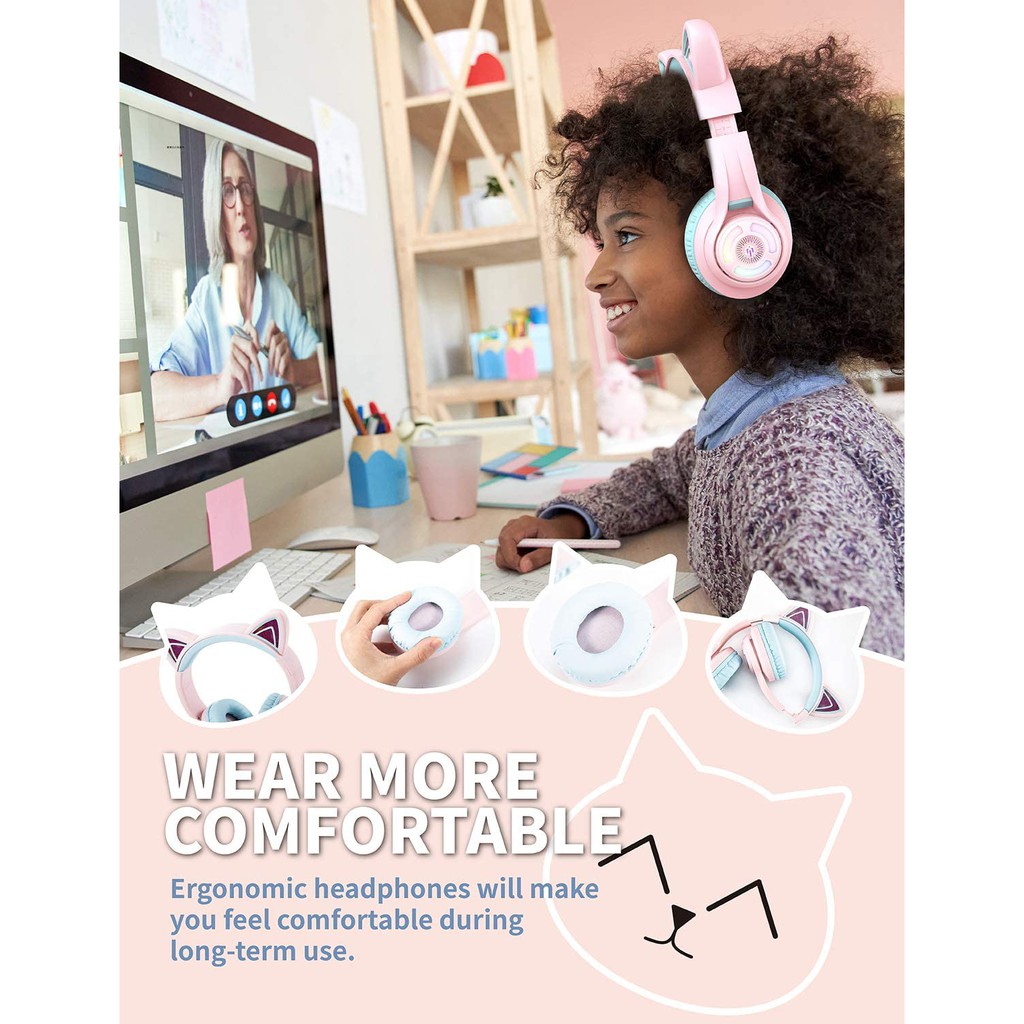 iClever BTH13 Cat Ear Bluetooth Headphones RGB LED Light Up