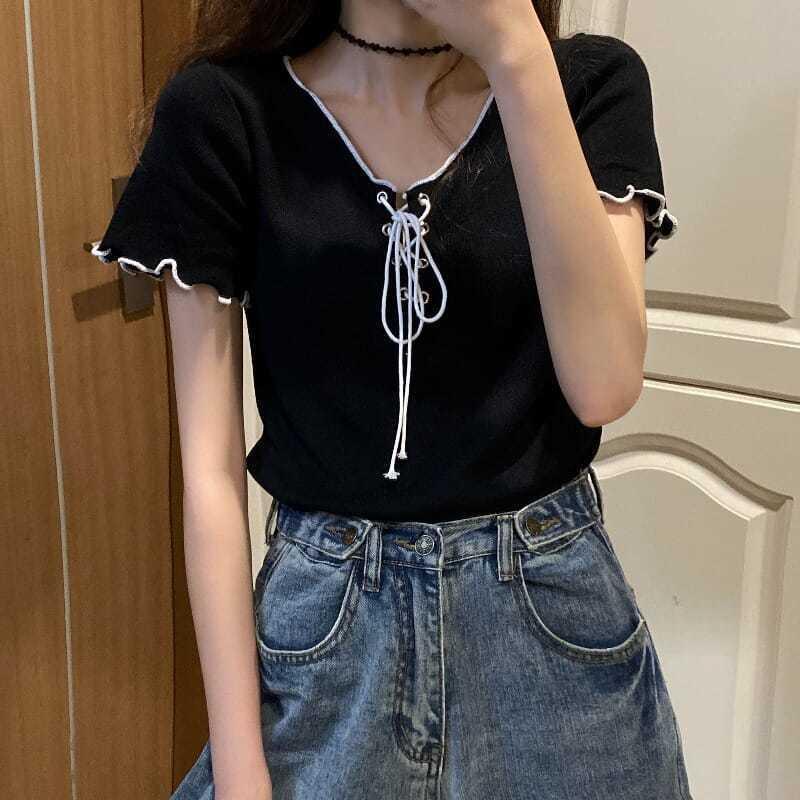 2022 summer new temperament V-neck drawstring tie short-sleeved design thin knitted sweater top women
