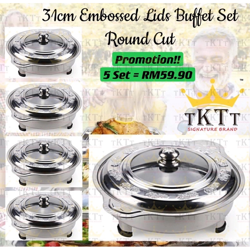 TKTT 5 Set 31cm Embossed Stainless Steel Buffet Set Catering Serving Tray Food Pan Warmer Bekas Lauk Katering Serbaguna