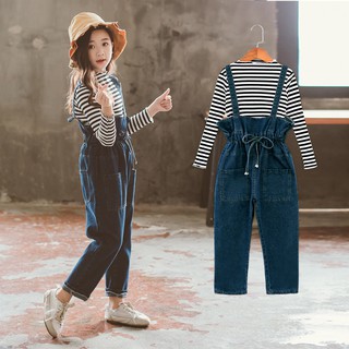 Girls Spring Clothes 2020 New Suits Big Boy Korean Version Of Denim Overalls Stripes Trendy Two Piece Tide Autumn Shopee Malaysia - denim overalls with yellow striped shirt roblox