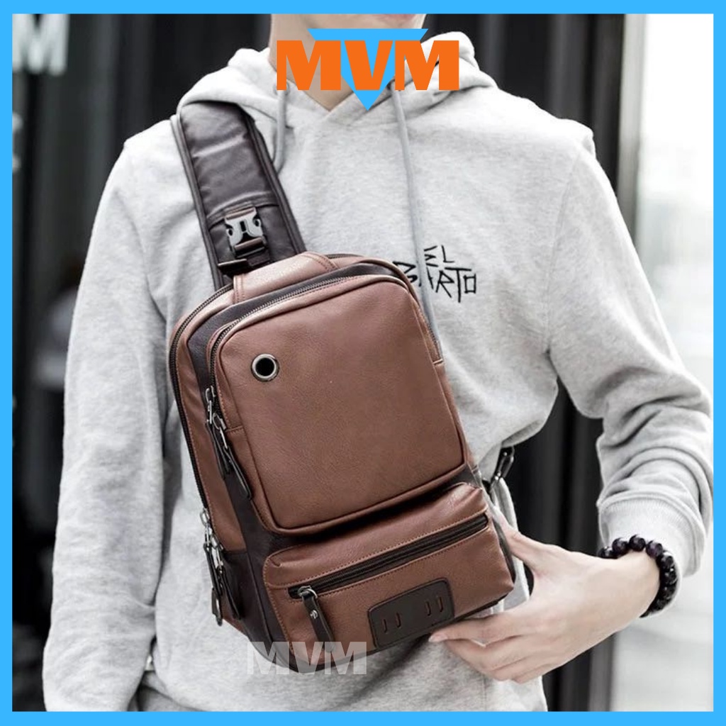 Malaysia Stock] Men's Leather Sling Bag Cross Body Multifunction Shoulder  Beg Lelaki Kulit