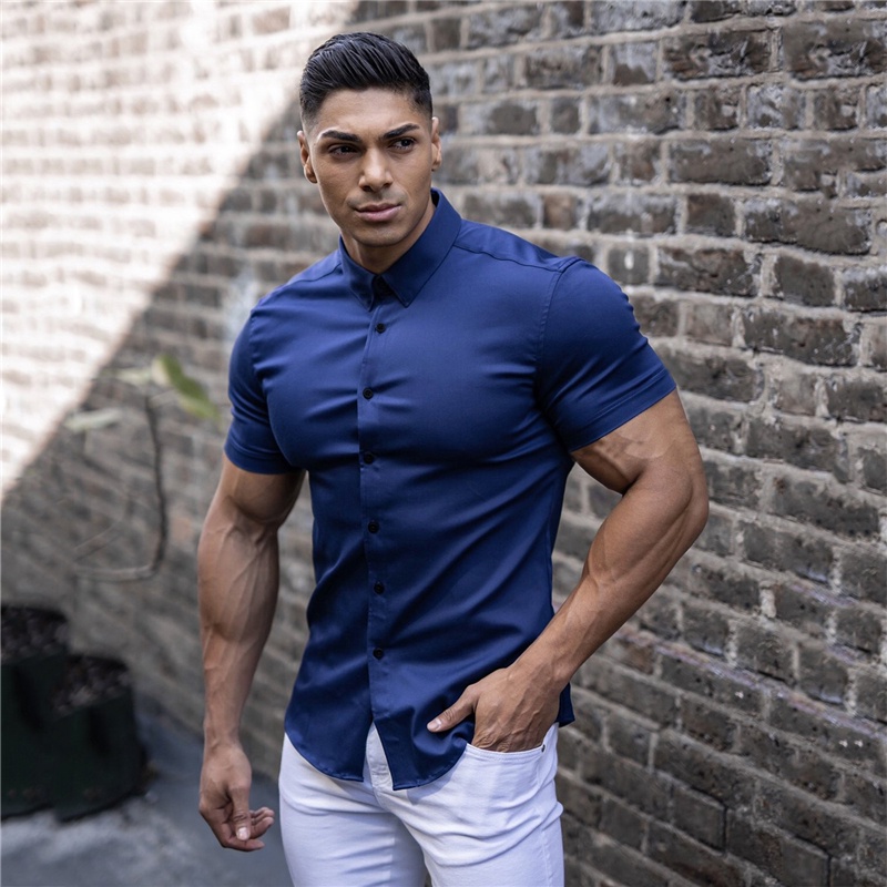 Men Fashion Casual Short Sleeve Solid Shirt Super Slim Fit Male Turndown Collar Classic Social Business Dress Shirt Brand Men Fitness Sports Clothing