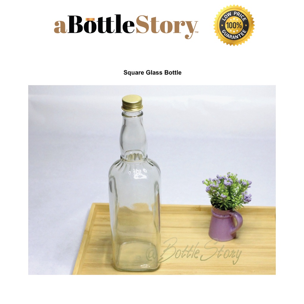 SQUARE GLASS BOTTLE | Air Tight Glass Bottle Storage Container | Terrarium Jar | Bottle Kaca Bekas Minuman (750ml)