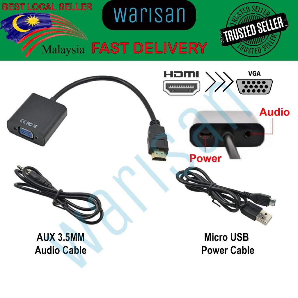(READY STOCK) HDMI TO VGA WITH 3.5MM Audio+Power Cable CONVERTER