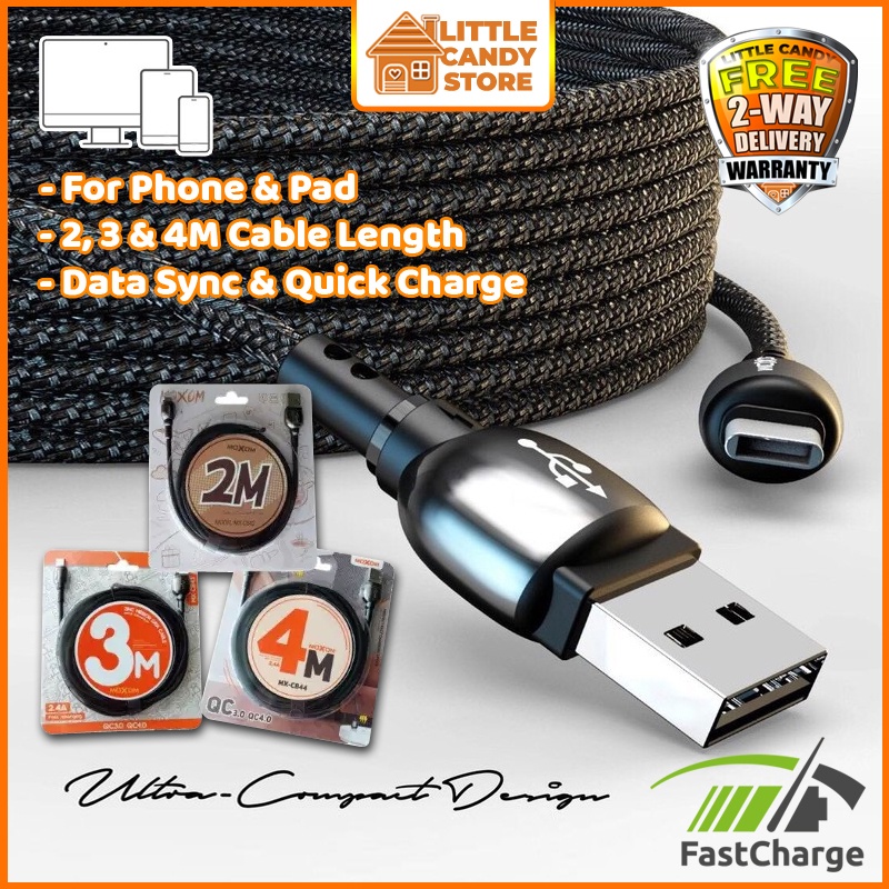 MOXOM Extra Long Fast USB Charging Data Cable 2.4A (2M/3M/4M Meter) Quick Charge Faster Cable for Micro Type-C Phone