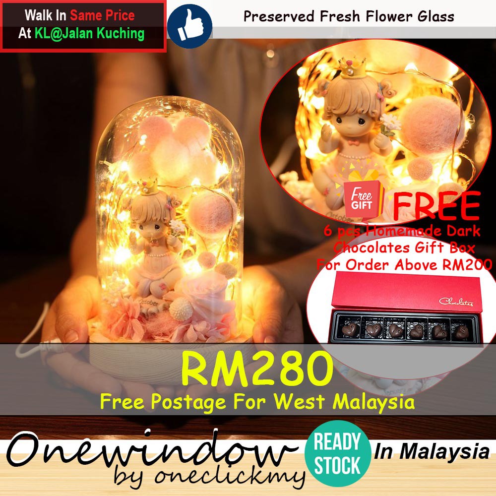 [ READY STOCK ]In Malaysia 2020 Valentine's Day Princess With Ice-cream And LED Preserved Fresh Rose Glass Gift Box/LED永生花
