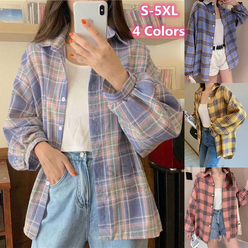 READY STOCKS-5XL Cotton Mid-Length Plaid Shirt women blouse Autumn 2023 New Western Style Women's Clothing Retro