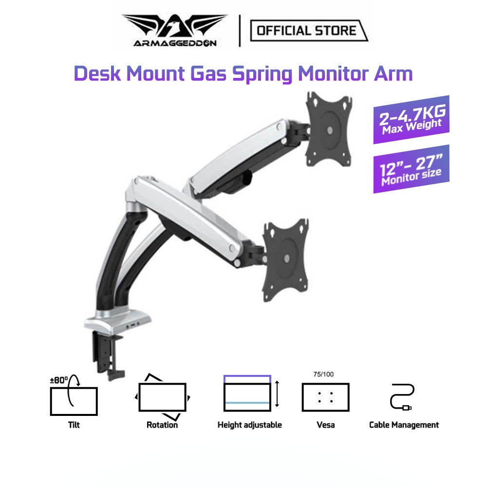 Armaggeddon Mechanic M2 Dual Gas Spring Monitor Arm | Support Up to 6 KG | Full Motion Adjustment | 1 Year Warranty