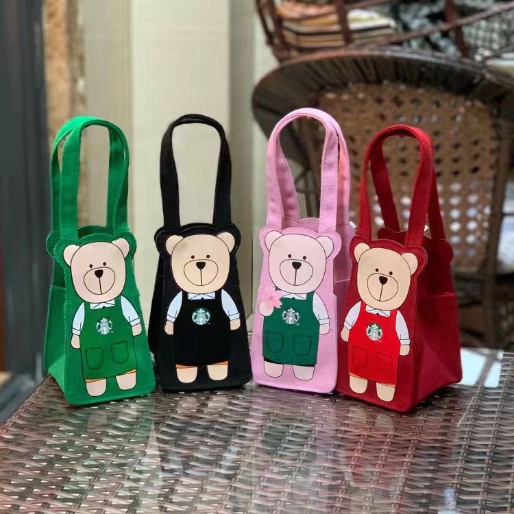 ★ Starbucks Apron Bear Tote Bag Canvas Bag Straw Cup Insulation Bag Office Worker Coffee Packing Bag Handbag For Outdoor