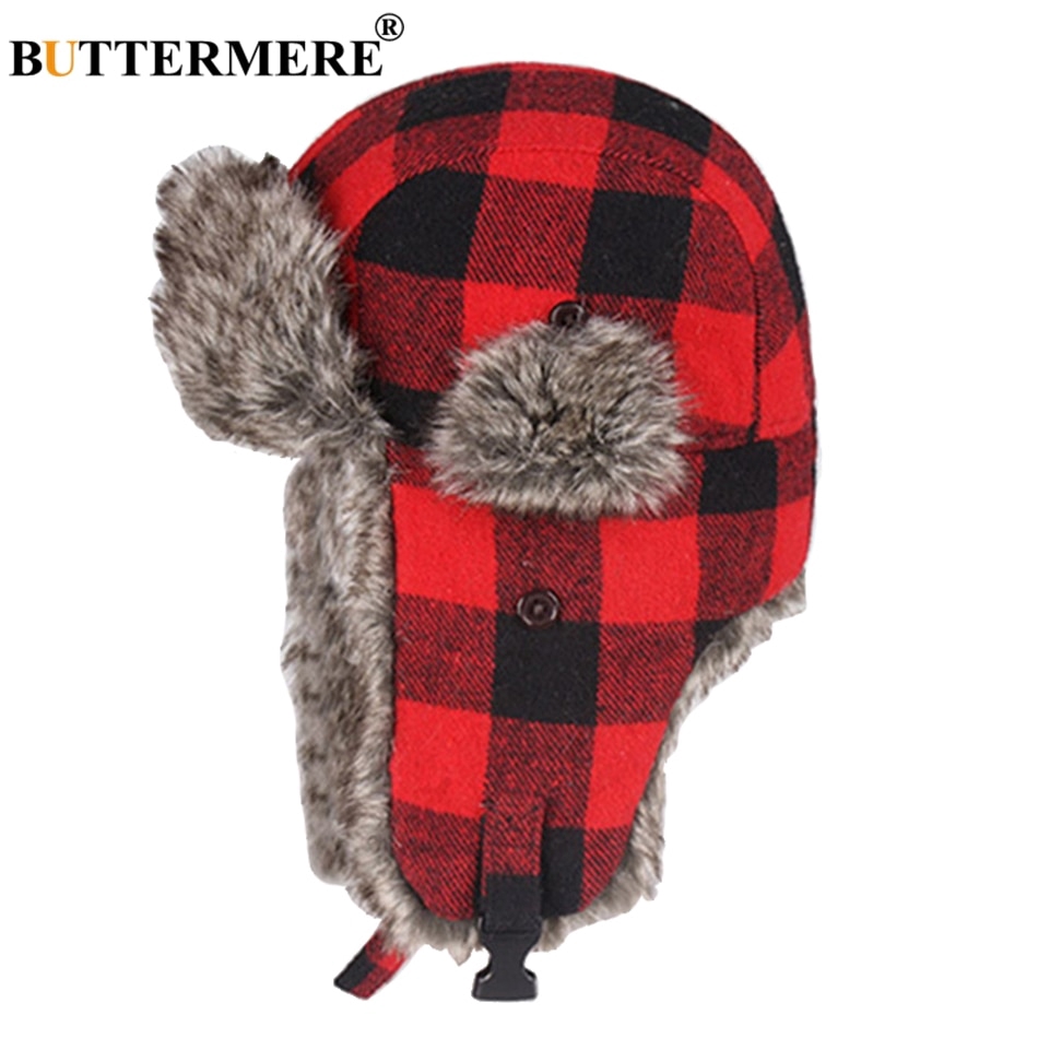 BUTTERMERE Winter Hats For Mens Bomber Hat Fur Red Warm Earflap Cap ...
