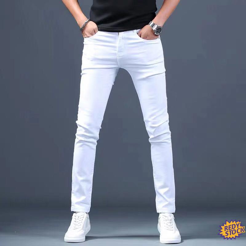 seluar jeans pants Pereka Jeans Putih Lelaki New Fashion Elastic Mens Denim Pants Celana Kasual Slim Fit Stretch Skinny Jeans Pants Untuk Lelaki
