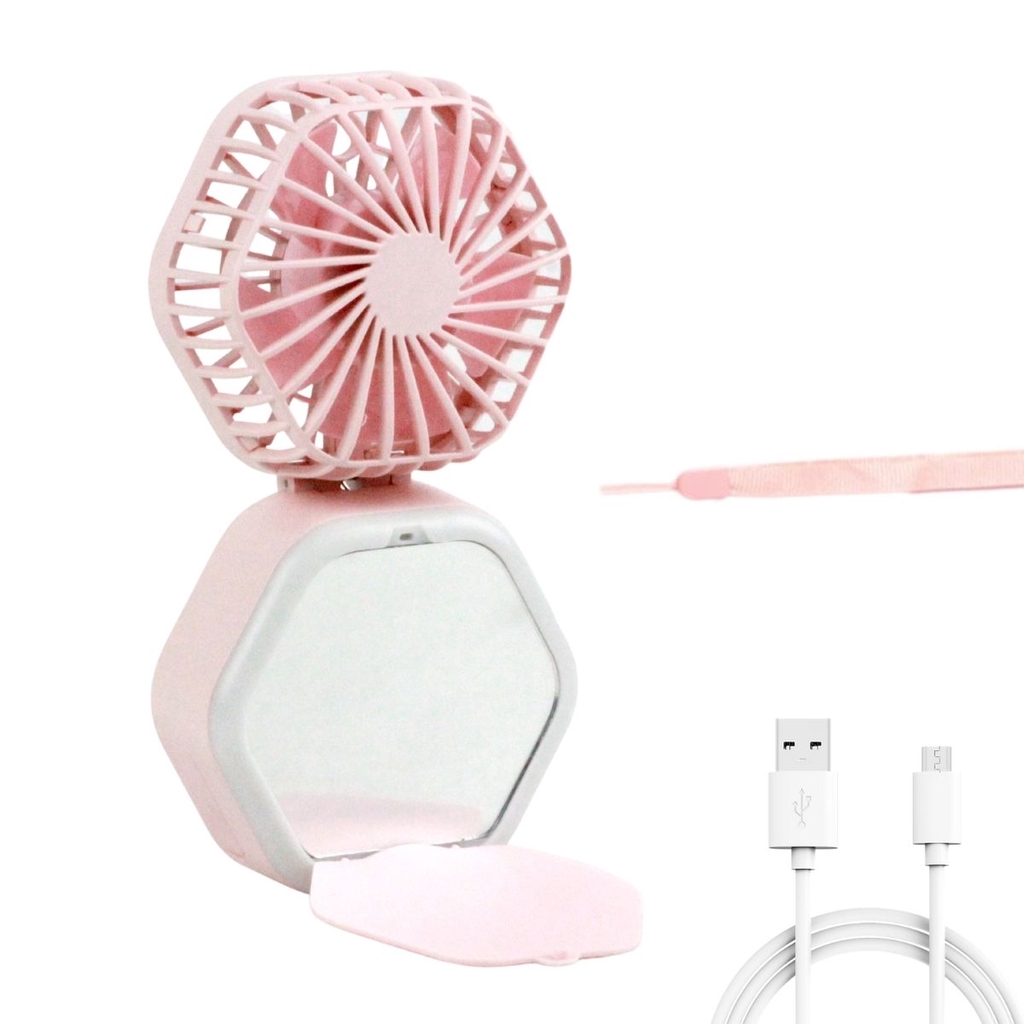 2 IN 1 NEW Mini Portable USB Rechargeable LED Fill Light Makeup Mirror Fan 3-Speed Lampu Makeup Kipas Angin ( F13 )