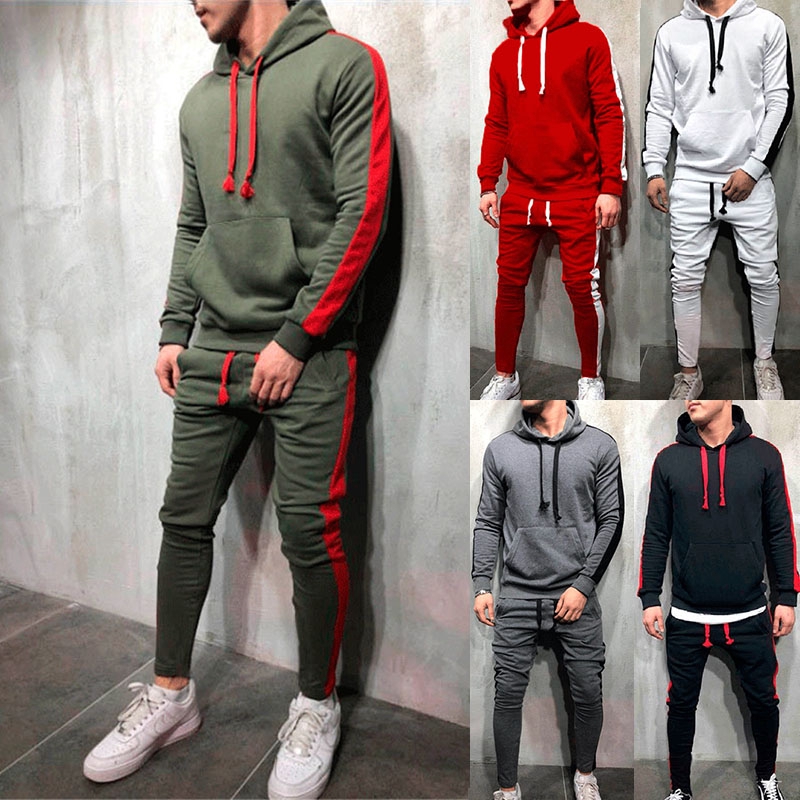 New Mens Full Top Bottom Sports Hooded Hoodie Gym Jogging Tracksuits Sizes S-XL 