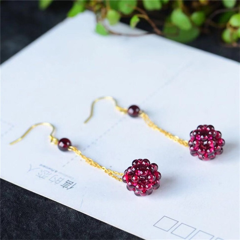 Natural Garnet Ball Earrings Female Colorful Stones Ear drop Handmade Knitted Earings Ethnic Jewelry Gift_voghion.com
