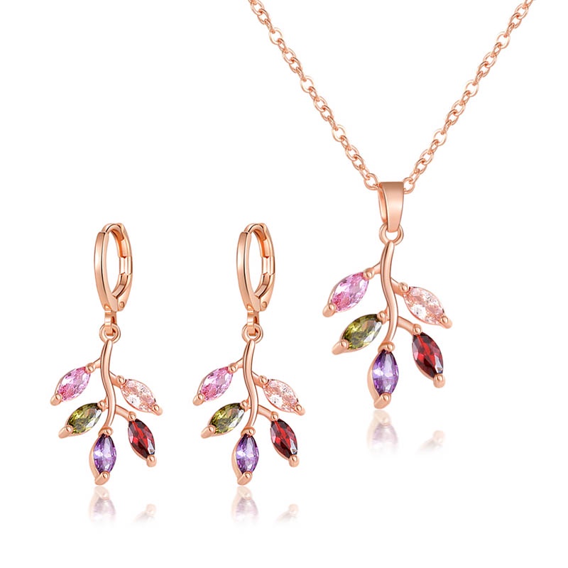 [STAR ANGEL JEWELRY] Colourful Leaves Zircon Necklace Earrings Jewellery Set/ Rantai Subang