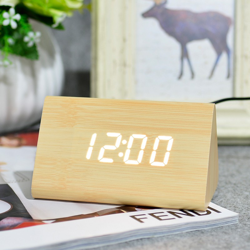 Classical Triangular Blue Digital LED Wood Wooden Desk Alarm Clock Thermometer 