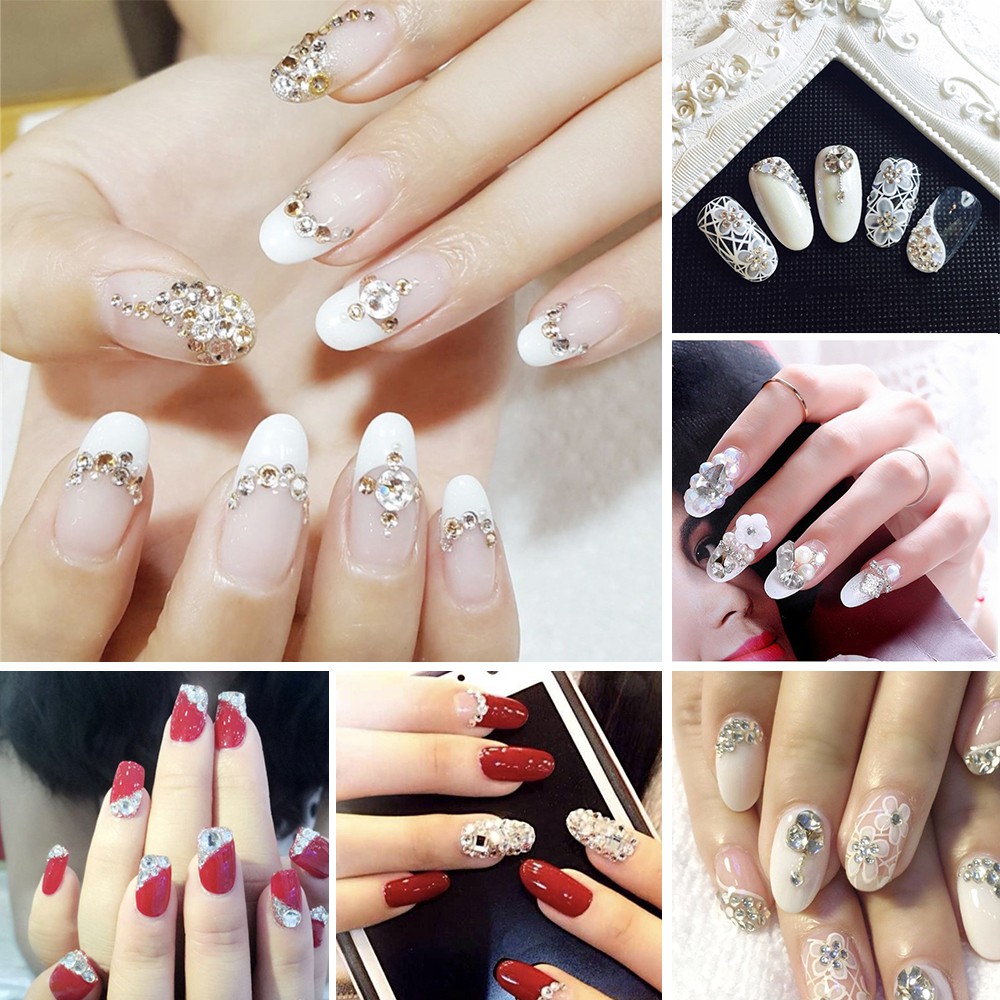 AE💝24Pcs False Fake Nail White French Stone Oval Bride Press On Manicure  Tip | Shopee Malaysia