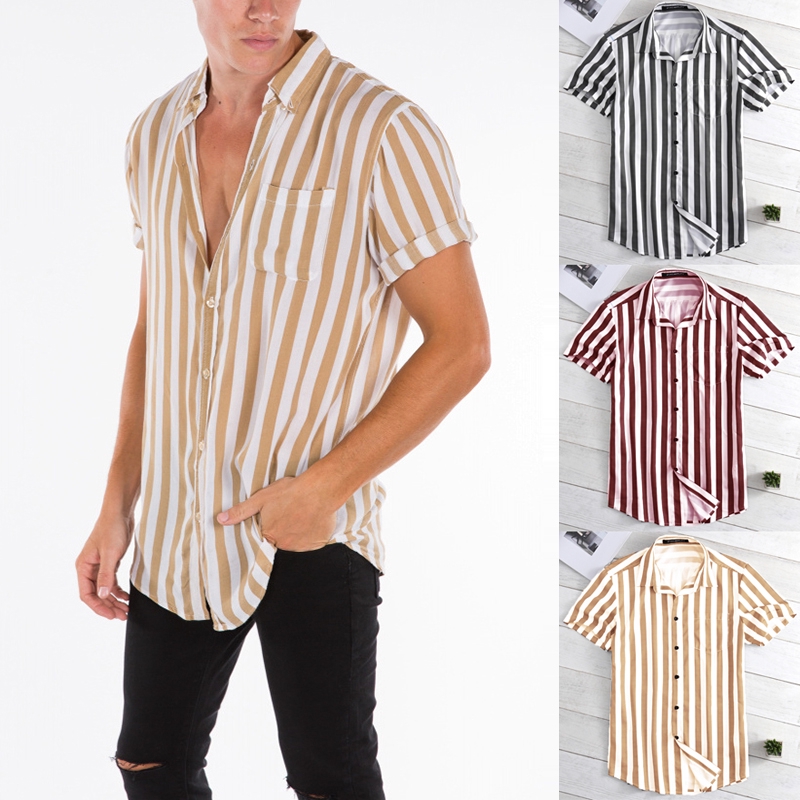 Mr.Macy Mens Summer Retro Striped Pattern Casual Fashion Lapel Short Sleeve Shirt 