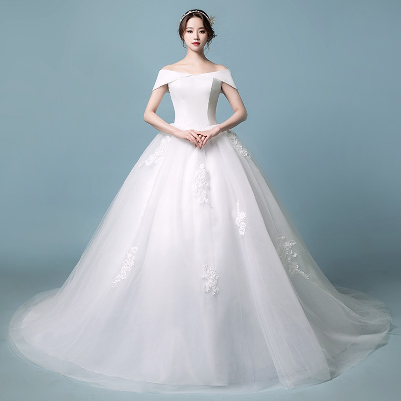 Long Tail Tops Satin Bottom Mesh Lace Embroidery Wedding Gown