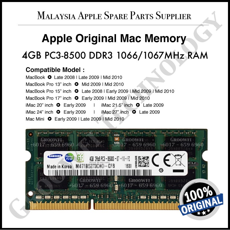 New Original Apple Macbook Pro Imac Mac Mini 4gb 8gb Pc3 8500 Ddr3 1066mhz Mac Memory Ram Shopee Malaysia