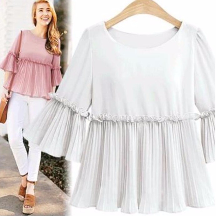Ready StockWomen tops fashion flare sleeve shirt casual loose plus size chiffon blouse womentops womensclothing