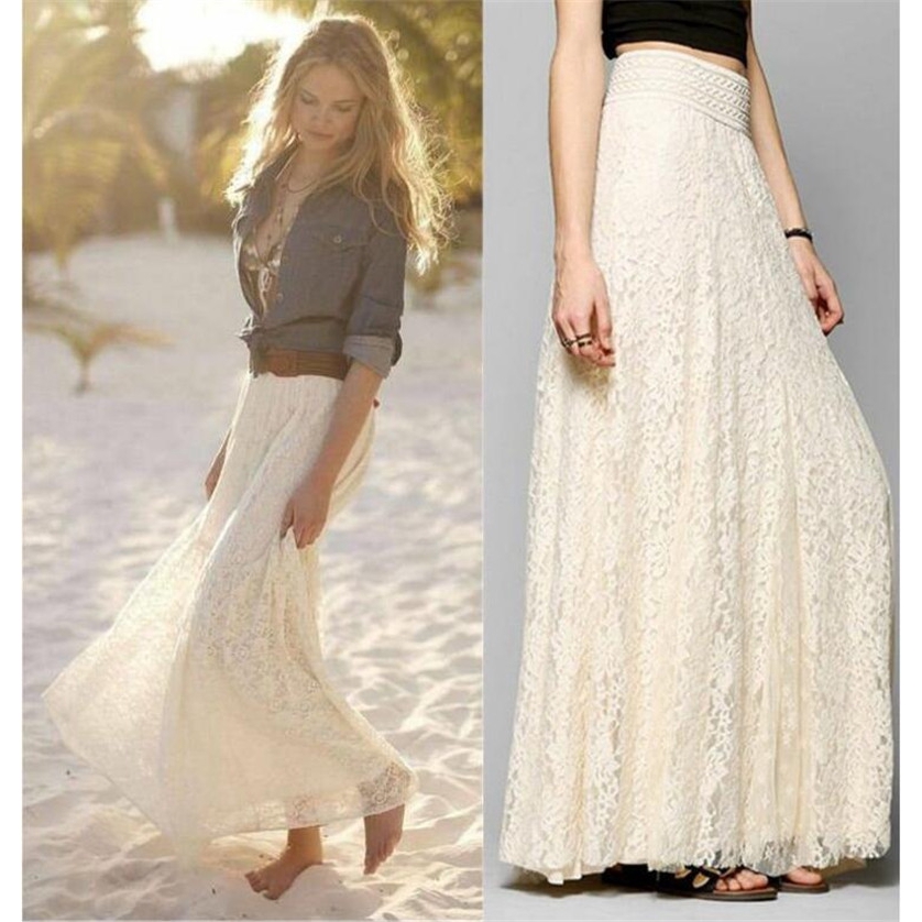 Ready Stock Women Lace Maxi Skirt Multilayer Flower Pleated Maxi Elastic High Waist Floor Length Skirts Long Dress